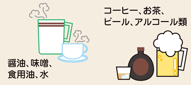 醤油・味噌・食用油・水・コーヒー・お茶・ビール・アルコール類